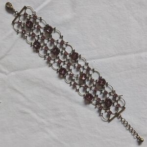 Vintage Purple Stone Flower and Rhinestone Filigree Chain Bracelet